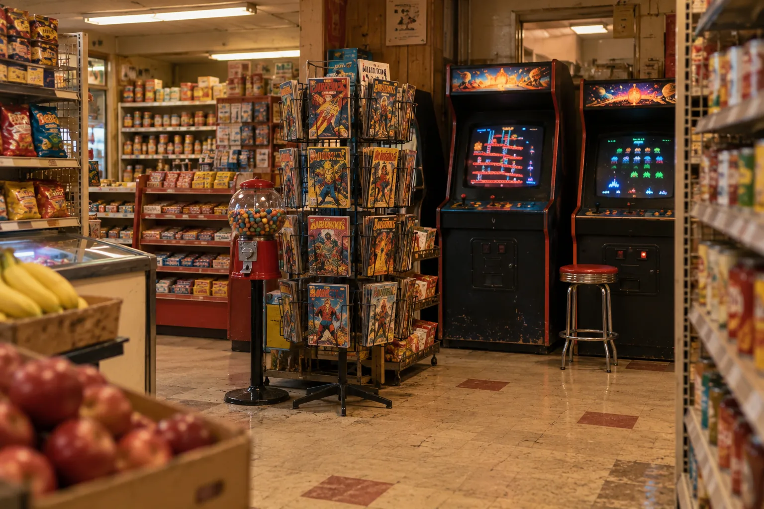 A spinning rack of colorful comics, a red gumball machine, snacks, and two old arcade game cabinets at the back of the market