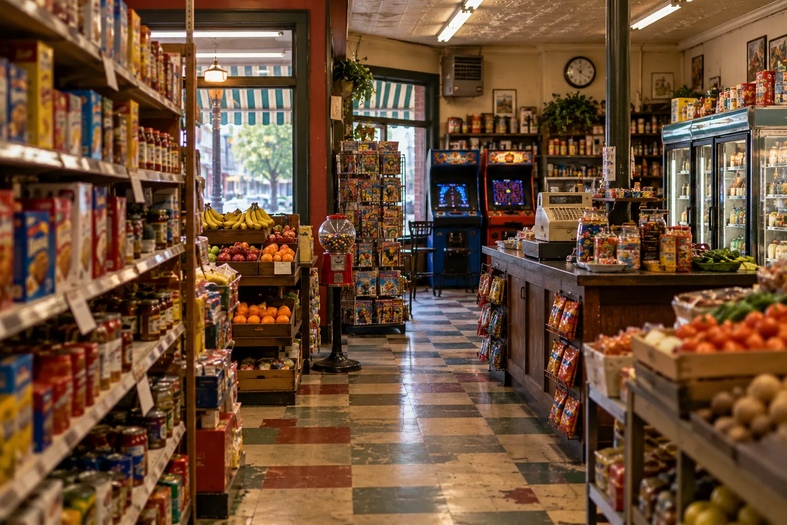A familiar old grocery with crowded shelves, produce, comics, a counter, and arcade machines in back